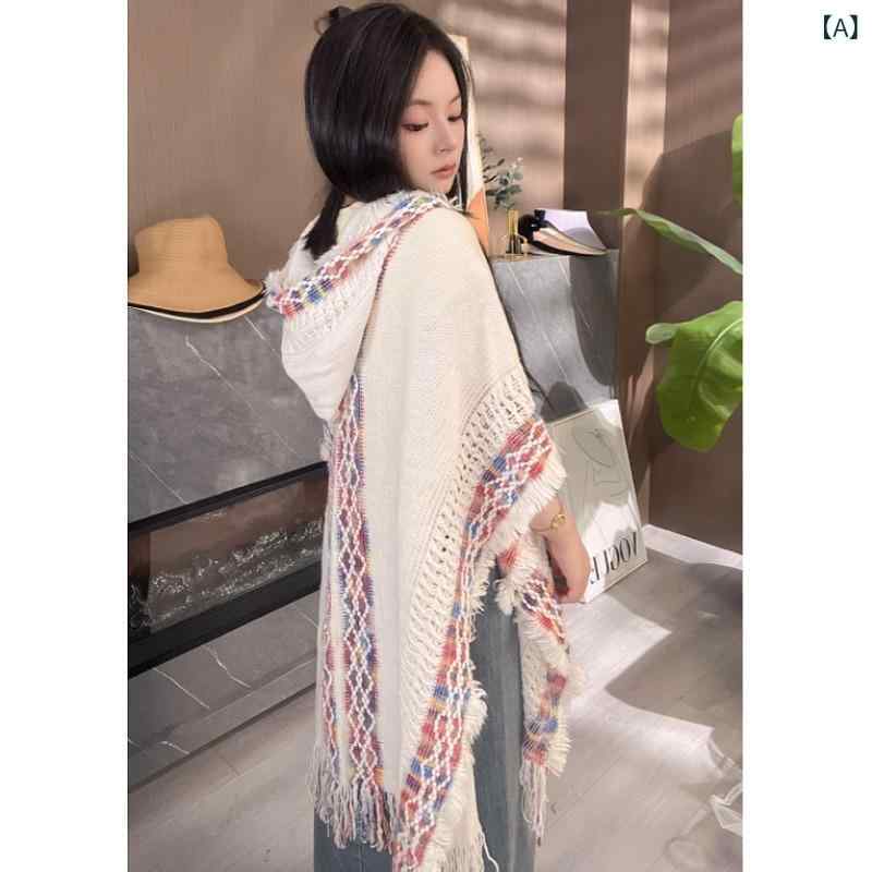 ショール レディース フード付き フリンジ 大判 ケープ 厚手 エスニック 民族調 保温 防寒 旅行 旅コー..