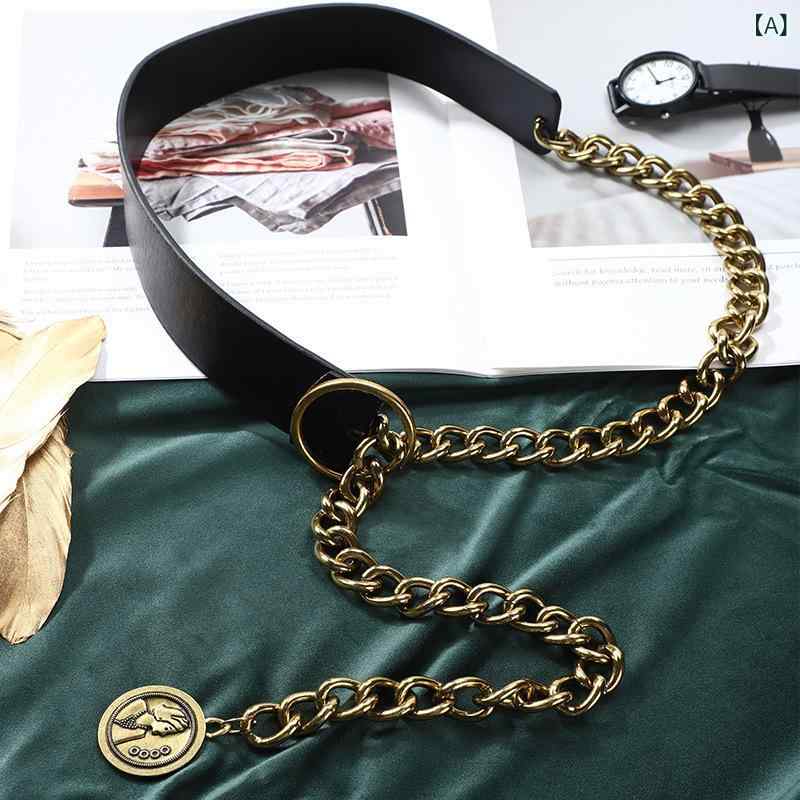 ベルト レディース 韓国風 レトロ ウエストチェーン ペンダント付き 高級感 エレガント PUレザー ブラック ウエストマーク 着回し(x2)