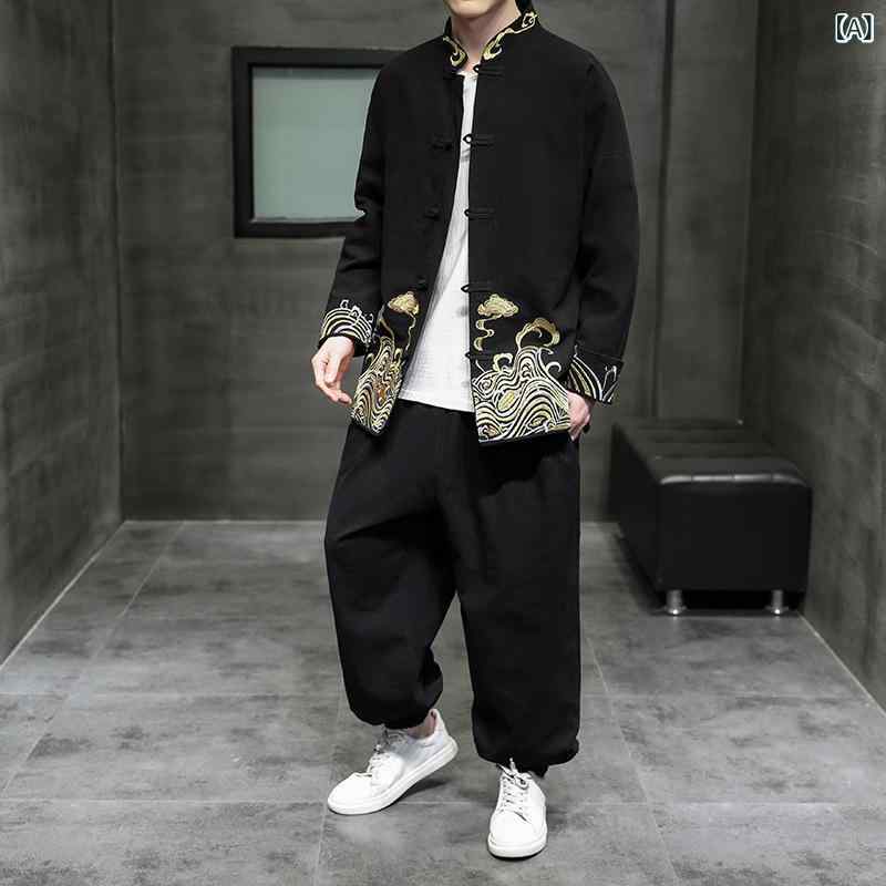 漢服 メンズ 若者 チャイナ服 セットアップ ジャケット パンツ 新中国風 レトロ 刺繍 綿混 ポリエステ..