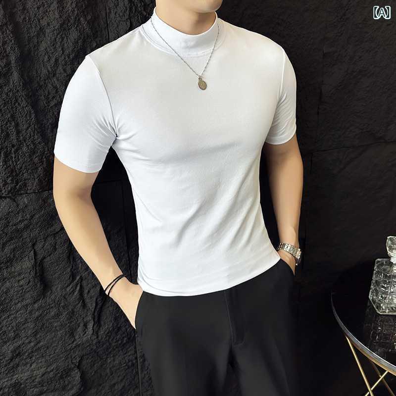 Tシャツ メンズ 男性用 モックネック 半袖 スリムフィット 高級感 春秋 インナー ベースレイヤー 綿混 薄手 ベーシック カジュアル 通気性 吸湿速乾 無地 着回し