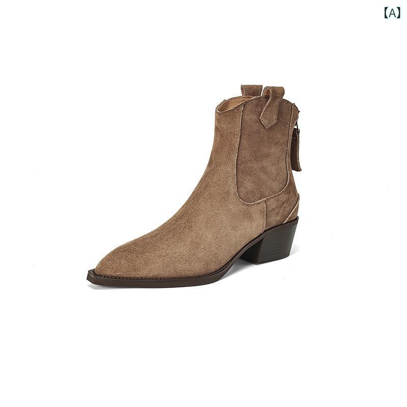 ショートブーツ レディース レトロ ポインテッドトゥ チャンキーヒール バックジップ ウエスタンブーツ スエード ミドルヒール アンクル丈 ファッションブーツ 秋冬