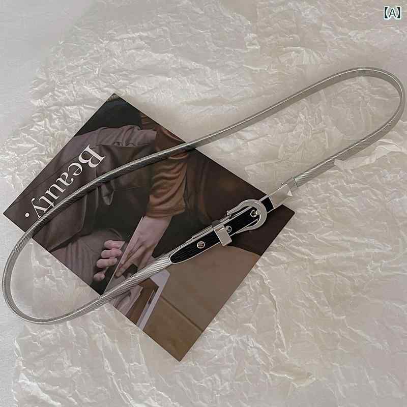 ベルト レディース フレンチスタイル メタルベルト 高級感 細め スリム ウエストマーク ウエストチェーン 伸縮性 ゴム 装飾 上品 シンプル 万能 ワンピース ドレス パーティー 結婚式 オフィス 通勤 普段使い シルバー