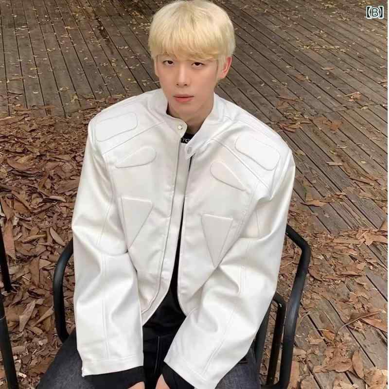 ライダースジャケット メンズ 春秋 PUレザー 合成皮革 高級感 肩パッド 立体シルエット ストリートファッション カジュアル バイク用 襟付き ジッパー開閉 ポケット付き アウター ブラック ホワイト