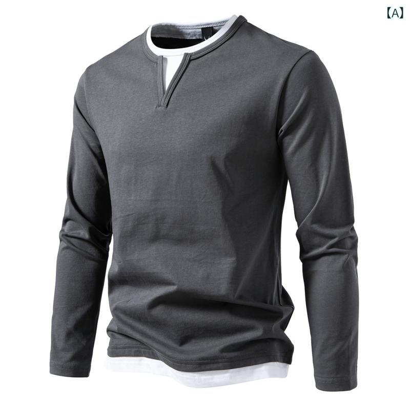 Casual Shirts - Tシャツ メンズ Vネック フェイクレイヤード 長袖 切り替え コットン トップス 大きいサイズ アメリカンレトロ カジュアル ストレートシルエット 無地 プルオーバー