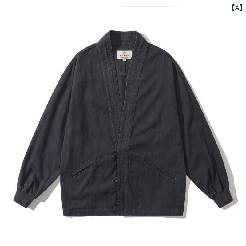 ジャケット メンズ 和風 羽織り レトロ ノーカラー ウォッシュ加工 デニム コットン ゆったり 通気性 耐久性 カジュアル 普段使い 春秋アウター(4.0)