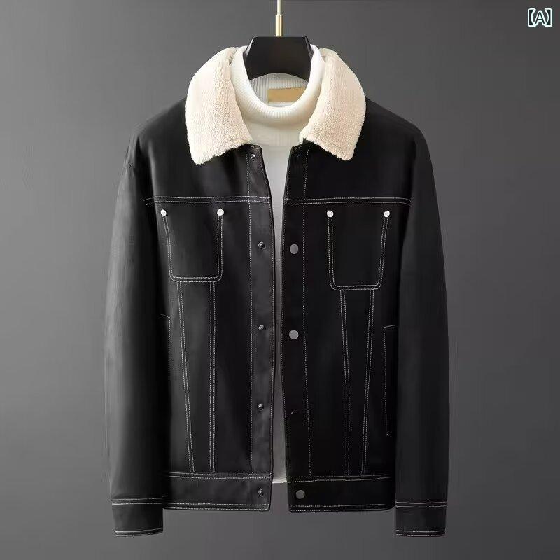 Other - ジャケット メンズ フェイクスエード ウール調 シープボア ショート丈 厚手 ゆったり 襟付き 切り替え ワークテイスト 韓国風 カジュアル 秋冬 ブルゾン ブラック カーキ