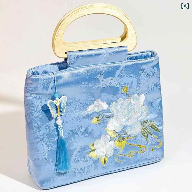 バッグ レディース 新中華風 国風 文芸スタイル 刺繡 花柄 切り替え ハンドバッグ ショルダーバッグ 縦型 スクエア 亮絲サテン パールチェーン 漢服 チャイナドレス 普段使い 春夏