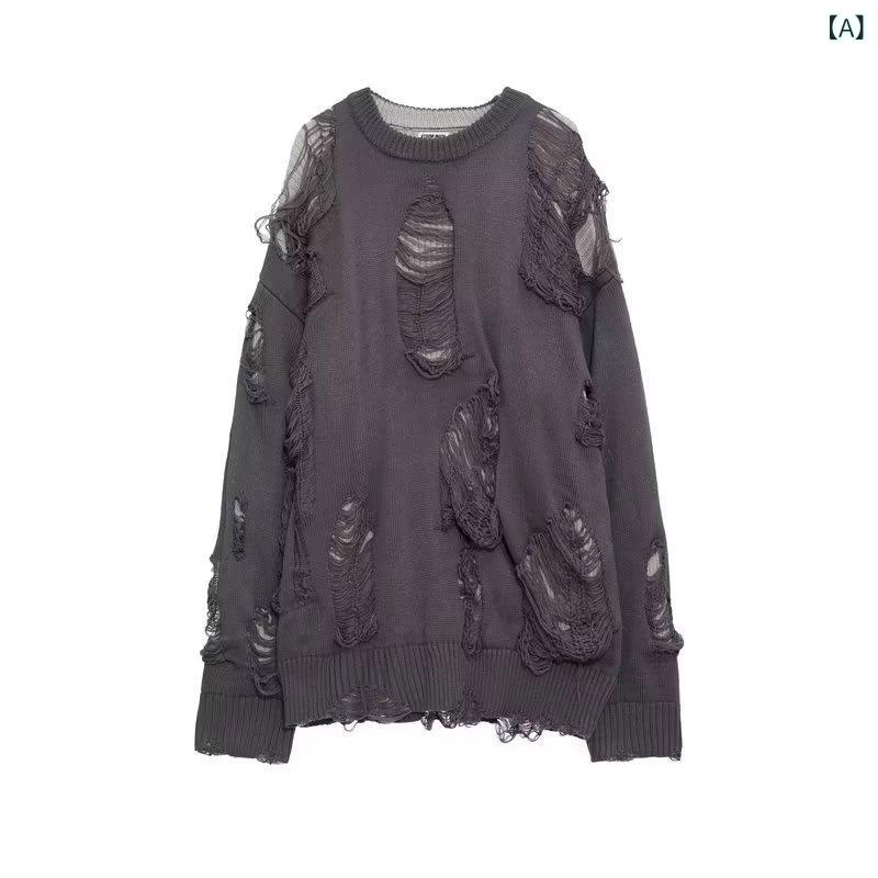 ニット メンズ ダメージ加工 フェイクレイヤード セーター クルーネック 長袖 ゆったり ルーズ グランジ ストリート カジュアル 綿混 ポリエステル 通気性 春秋 グレー ブラック(4)