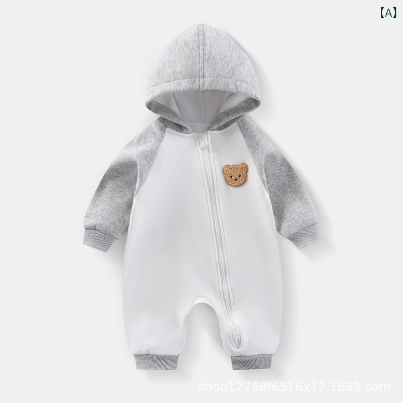 ベビー カバーオール 男女兼用 新生児 春秋冬 裏起毛 フード付き 切り替え スポーツ コットン フリース 厚手 ジップアップ お出かけ カジュアル
