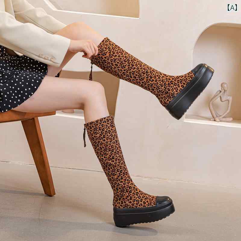 ブーツ レディース ヒョウ柄 ロング丈 バックファスナー 厚底 プラットフォーム 高ヒール ストレッチ ..