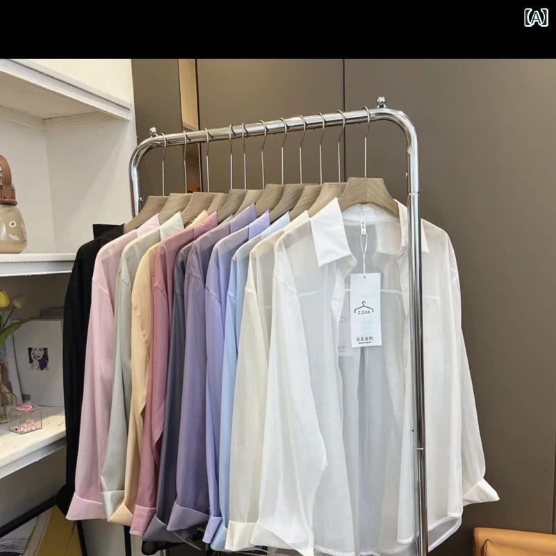 ブラウス レディース 女性用 パールシフォン UVカット 長袖 薄手 軽量 高級感 上品 透け感 ポロ襟 フリル袖 韓国ファッション スウィート エレガント オフィス 通勤 普段使い 春夏 トップス ホワイト ブラック ポリエステル