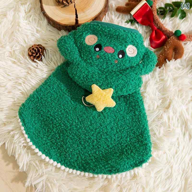 ペットウェア 猫 犬 兼用 マント ケープ ポンチョ クリスマス サンタ キャラクター ハーネス対応 リード穴付き 秋冬 防寒 暖かい かわいい カジュアル ポリエステル グリーン系 ブラウン系