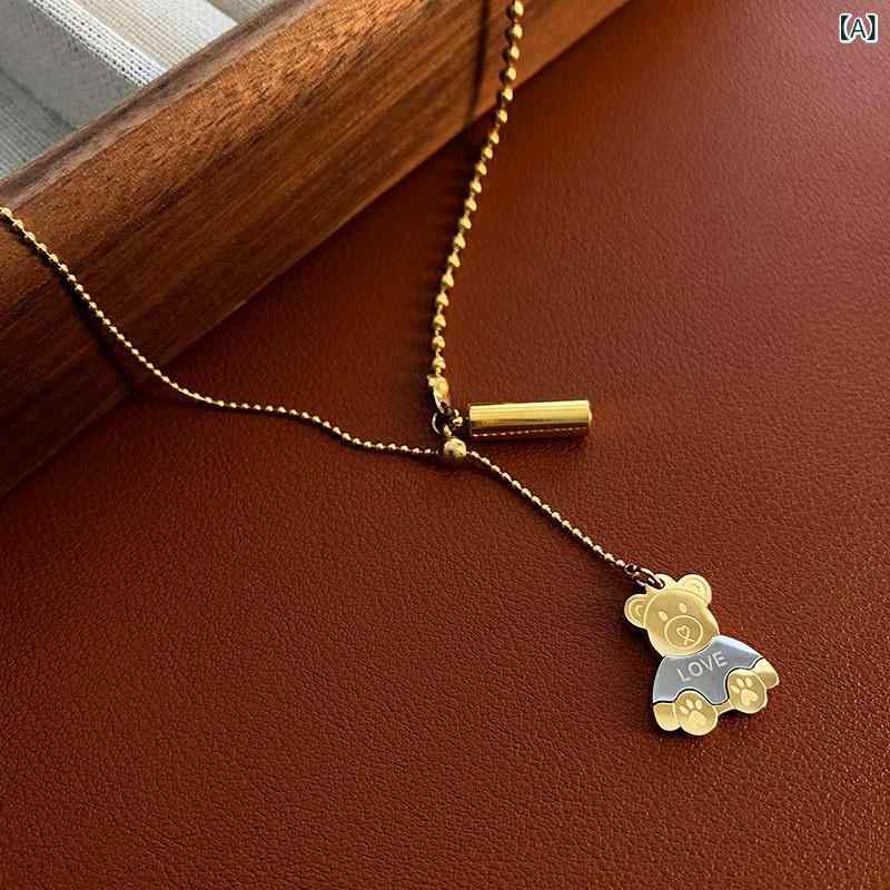ネックレス レディース クマ チタン鋼 スライド式 ボールチェーン 長さ調節 鎖骨チェーン かわいい 繊細 個性的 上品 カジュアル 着回し デイリーユース ゴールド シルバー