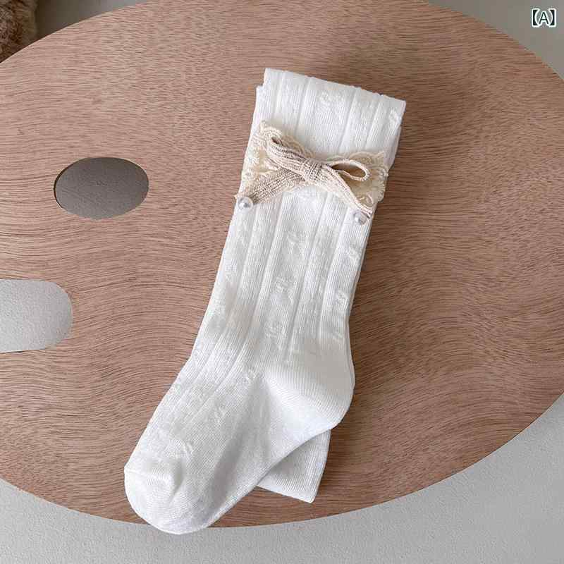 タイツ 女の子 キッズ ベビー レース パール リボン 薄手 股開き 春秋 スパッツ レギンス 綿混 コット..