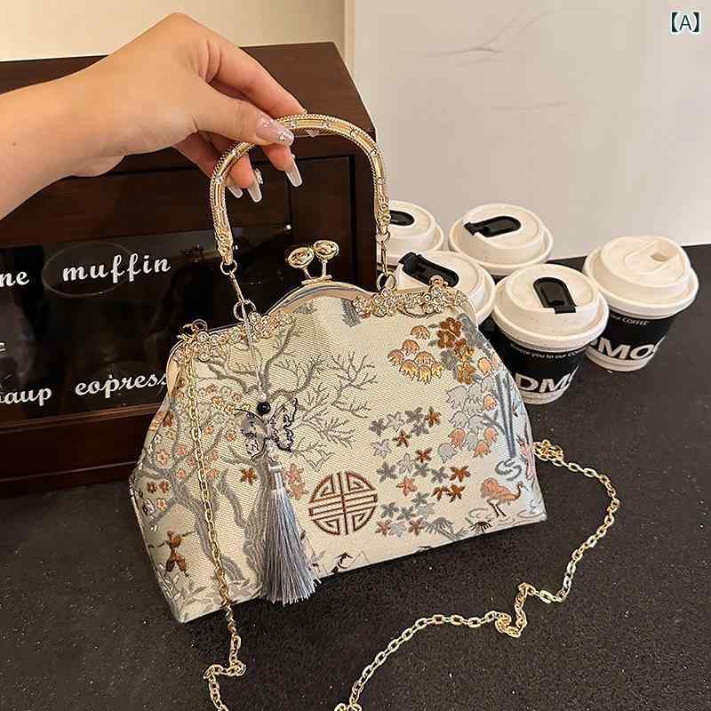 バッグ レディース 春夏 古風 高級感 レトロモダン 国風 中華風 チャイナドレス 漢服 がま口 ハンドバッグ ショルダーバッグ 斜め掛け 貝殻型 シルク 刺繡 花柄 タッセル チェーン パーティ 普段使い デイリー 鞄