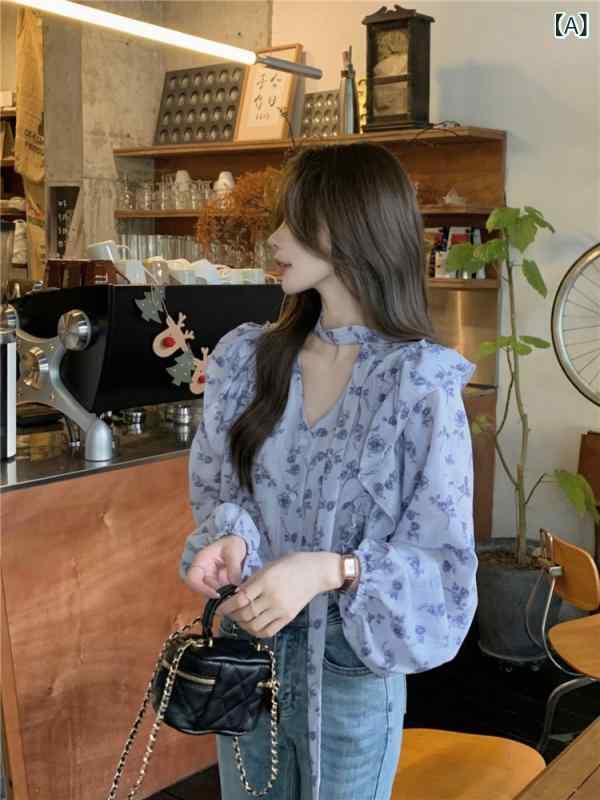 乐天商城 - ブラウス レディース フレンチ Vネック 小花柄 シフォン トップス 春秋 フリル リボンタイ 高級感 フェミニン ゆったり 前開き カジュアル ブルー カーキ