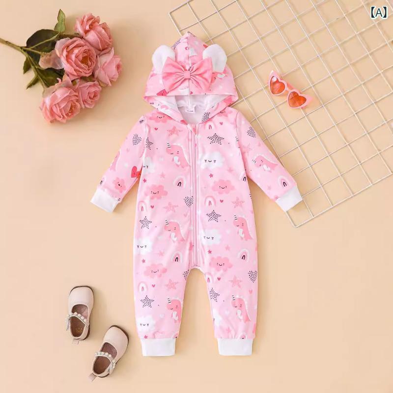 ロンパース 女の子 ベビー 赤ちゃん 春秋 かわいい カジュアル 普段使い ジッパー 長袖 フード付き カ..