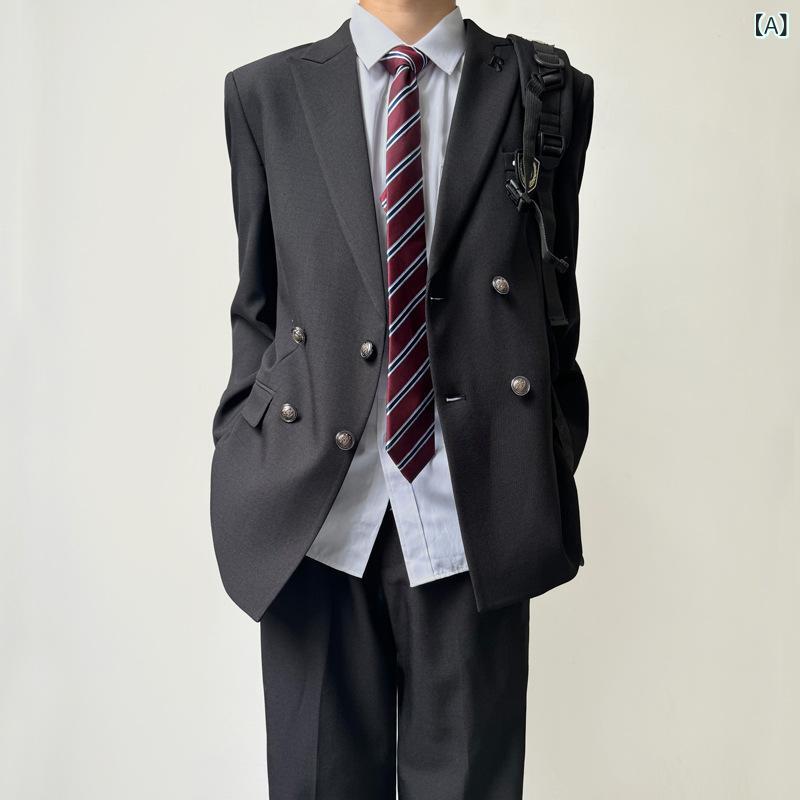 Other - スーツ メンズ 男性用 高校生 学生 日系 スクールテイスト 制服風 ダブルブレスト ピークドラペル テーラードジャケット セットアップ アイボリー オフホワイト ベージュ ポリエステル混紡 通学 通勤 ビジネスカジュアル 春 秋