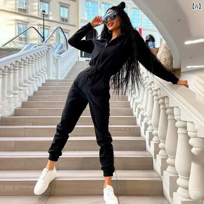 オールインワン レディース ジャンプスーツ フード付き ドローストリング ジョガーパンツ 長袖 ポケット付き スポーツ カジュアル ルームウェア ポリエステル ベロア調 伸縮性