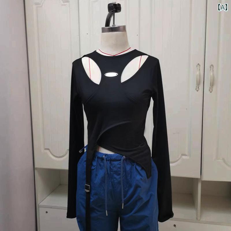 Tシャツ レディース 黒 長袖 クロップ丈 スリムフィット アシンメトリー カットアウト セクシー 細見え クルーネック ポリエステル おしゃれ 個性的 大人カジュアル 甘辛スタイル 春夏