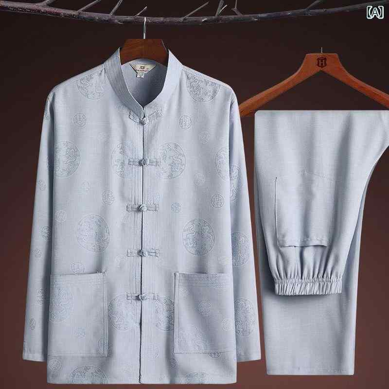 唐装 メンズ シニア 中高年層 長袖 中国風 チャイナ服 2点セット セットアップ 春秋 カジュアル 普段着 部屋着 ポリエステル混紡 ポケット付き 刺繍デザイン