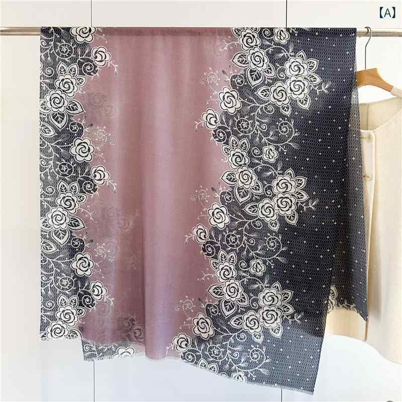 ショール レディース ウール 100% 秋冬 パープル 切り替え 花柄 大判 ロング ストール あったか 保温 ..