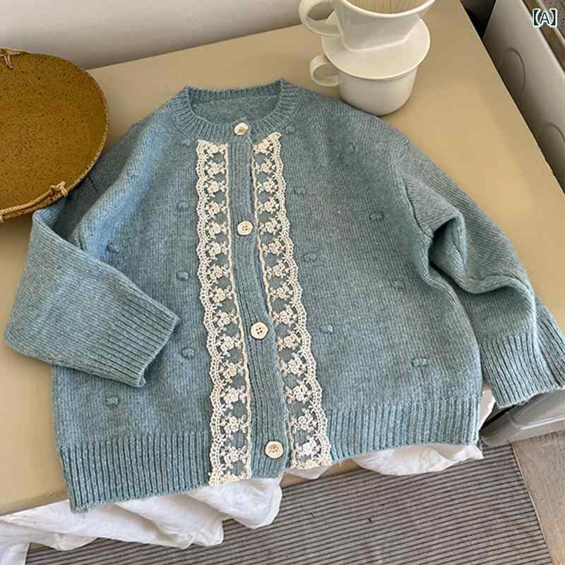 ニットカーディガン 女の子 女児 キッズ ベビー 韓国ファッション レースフリル ラウンドネック 丸首 ..