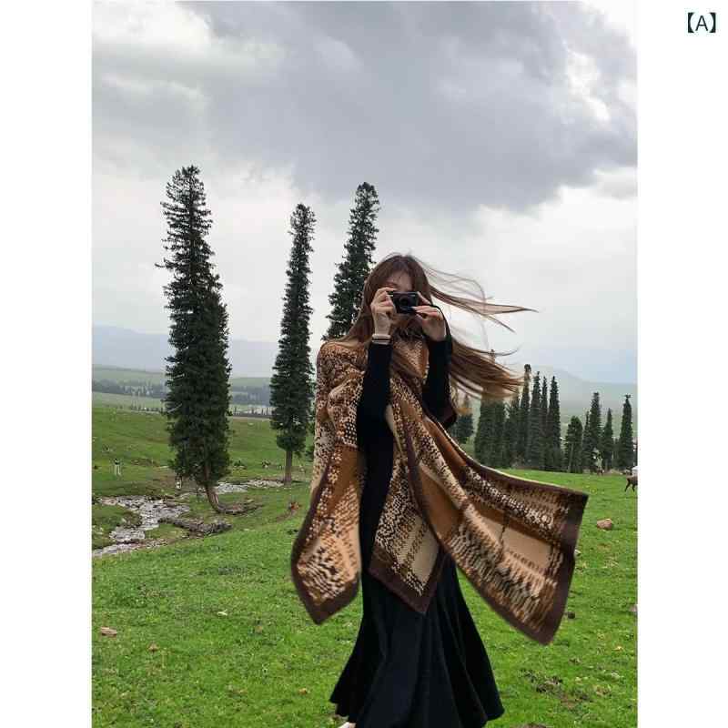 ショール レディース チェック柄 秋冬 韓国風 レトロ フェイクカシミヤ 防寒 暖か ストール ポンチョ ケープ 羽織り ミドル丈 ブラウン系 カジュアル