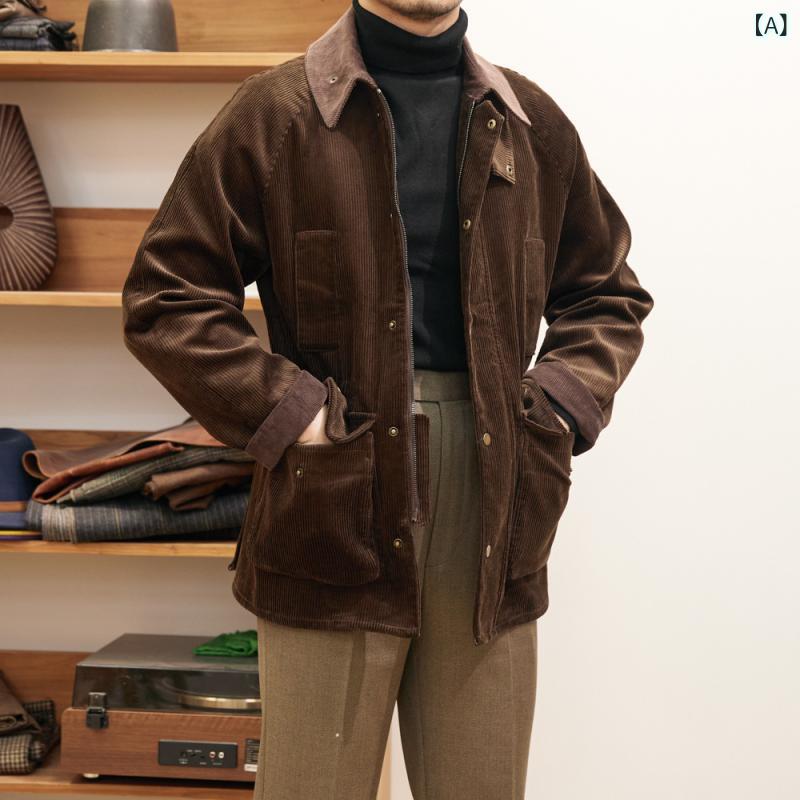 Rakuten - ジャケット メンズ 男性用 秋冬 レトロ クラシック ブリティッシュ 英国風 ジェントルマン スタイル 厚手 コーデュロイ 綿 コットン 襟付き カジュアル 普段使い 丈夫 アウター ブルゾン(x2)