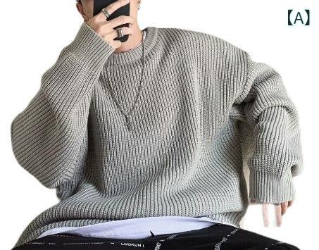 ニット メンズ 男性用 秋冬 プルオーバー セーター 無地 カジュアル クルーネック 長袖 ルーズフィット 厚手 暖かい アクリル ポリエステル 形態安定 ミドル丈 極厚地 普段使い ブラック グレー