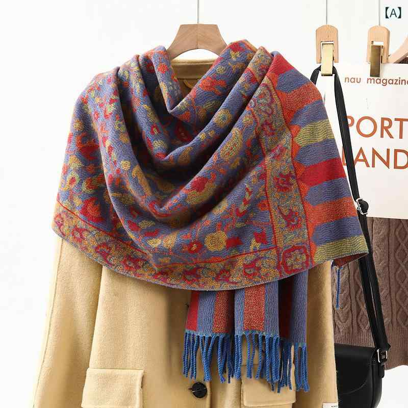 ショール レディース フェイクカシミヤ ジャカード織り エスニック柄 厚手 大判 フリンジ 秋冬 防寒 高..