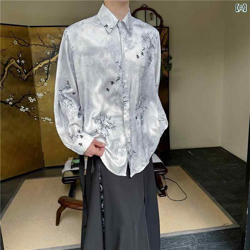 シャツ メンズ チャイナ風 光沢感 調 竹柄 長袖 開襟 ゆったり 薄手 UVカット 羽織り カジュアル 普段..