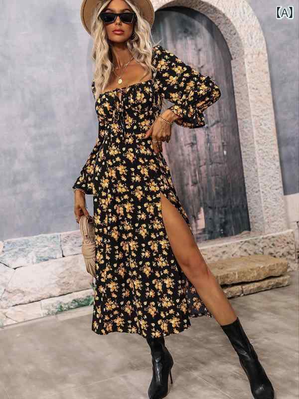 ワンピース ドレス レディース 秋冬 ボヘミアン ロング丈 スクエアネック 長袖 バックオープン 花柄プリント ポリエステル エレガント フェミニン リゾート 普段使い