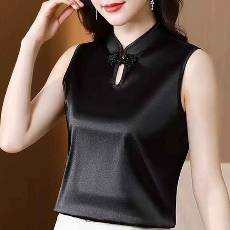 キャミソール レディース 春夏 Vネック 無地 チャイナ風 チャイナボタン ノースリーブ サテン 光沢 トップス オフィス カジュアル ルーズフィット ポリエス...
