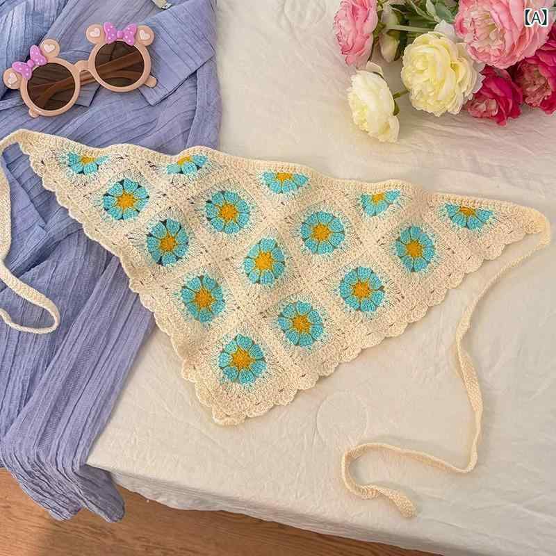 三角ヘッドスカーフ キッズ 女の子用 フレンチ デイジー柄 ニット 布製 日焼け対策 UVカット フォト お洒落 ブルー 青 かわいい 清涼感 春夏 バンダナ ヘアバンド 髪飾り