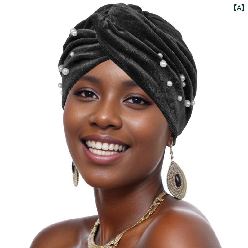 ターバン レディース 女性用 ベロア素材 ツイストデザイン ビーズ装飾 スタッズ付き インナーキャップ ..