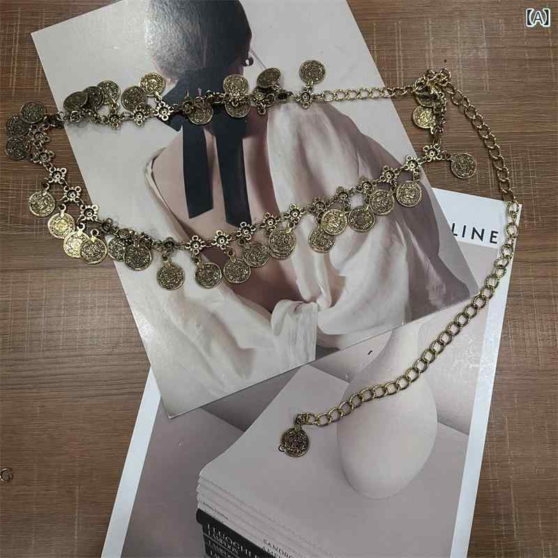 ウエストチェーン レディース ボヘミアン レトロ エスニック メタル製 ロング丈 円形チャーム ファッシ..