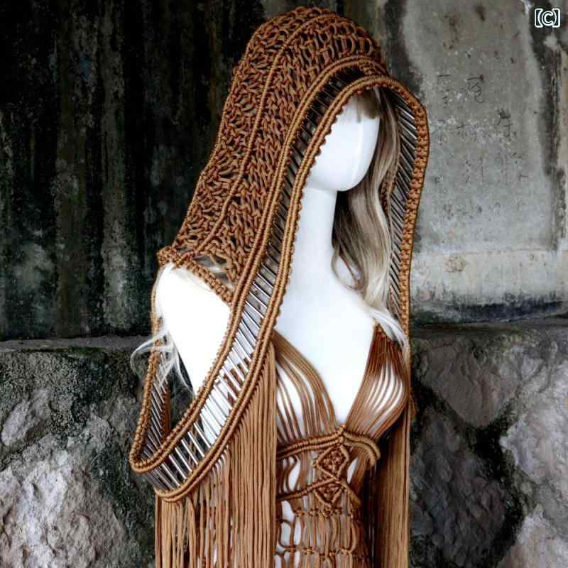 ショール レディース フード付き ポンチョ 手編み ニット レース ロングフリンジ ゆったり レトロエスニック ホワイト ブラック ダークブラウン(x2)