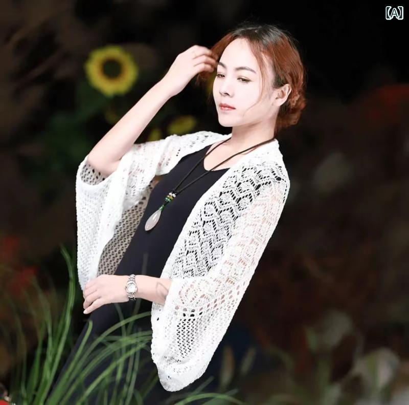 ショール レディース 春夏 女性用 冷房対策 冷え対策 エアコン対策 ドライブ 肩首保護 UV対策 日焼け防止 透かし編み レース カーディガン 羽織り ボレロ ポリエステル 薄手 軽量 チャイナドレス羽織り 着回し万能 ホワイト ブラック ベージュ