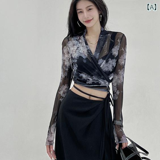 シャツ レディース Vネック クロスデザイン 水墨画風プリント シースルー メッシュ 長袖 ショート丈 ストラップ付き ポリエステル セクシー おしゃれ トップ...