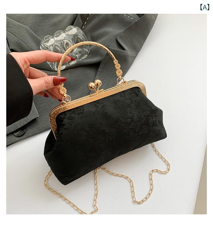 バッグ レディース シェル型 シルク調 ハンドバッグ ショルダー 斜め掛け チェーン PUレザー ミニサイズ シンプル マグネット開閉 チャイナドレスに合う エレガント 上品 春夏 ブラック ピンク ホワイト