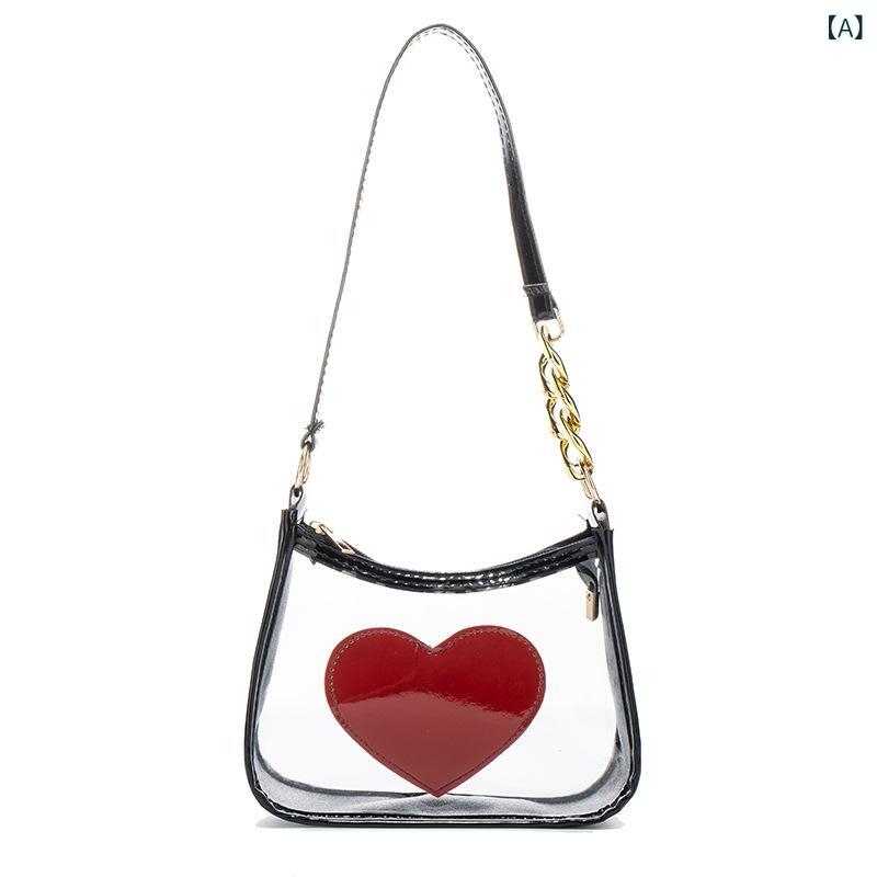 Handbag - バッグ レディース 脇下ショルダーバッグ PVCクリアバッグ ハート柄チェーン ゼリー風 おしゃれ かわいい フェミニン ミニ スマホ収納 デイリー 夏