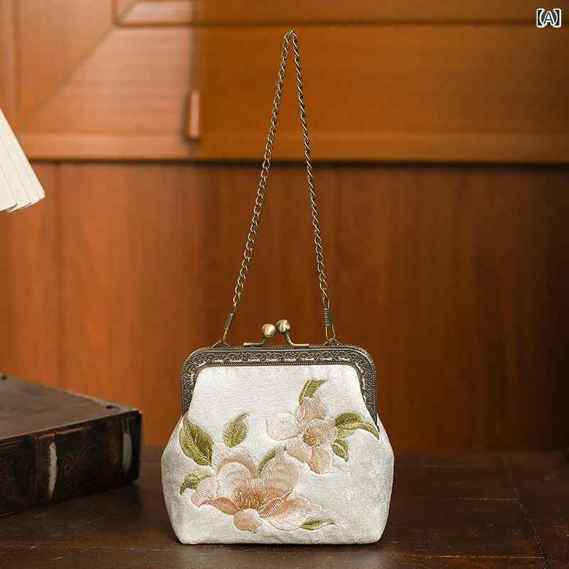 バッグ レディース 刺繍花柄 ハンドバッグ チェーン クラッチ ミニスクエア 縦型 レトロ風 チャイナドレス 宴会 パーティー 小銭入れ メタルロック 普段使い デイリーユース 春夏 ポリエステル