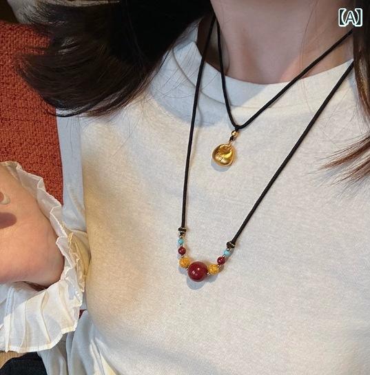 ネックレス レディース 朱砂 ペンダント 天然石風 レトロ 調節可能 ロングネックレ...