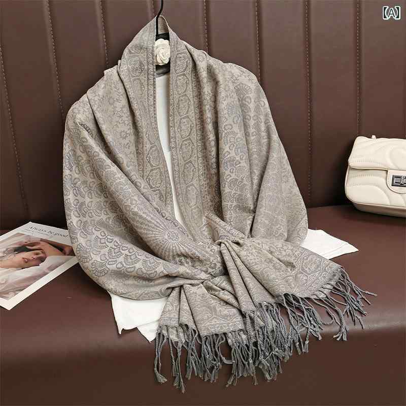 ショール レディース エスニック 民族風 カシミヤ風 フェイクカシミヤ 大判 ロング フリンジ ジャカード 織柄 保温 あったか 春夏秋 冷房対策 ストール 膝掛け 羽織り 旅行 リゾート 普段使い