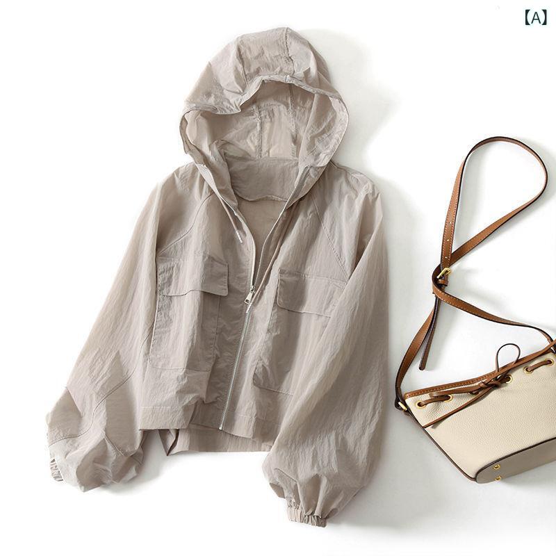 パーカー レディース UVカット 日焼け対策 軽量 薄手 ショート丈 フード付き 長袖 ゆったり オーバーサ..