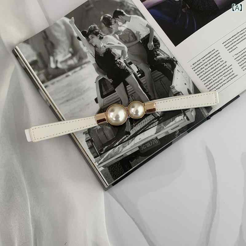 ベルト レディース 女性用 パールバックル 細身 フェイクレザー 合皮 伸縮性 ゴム ウエストマーク ワン..