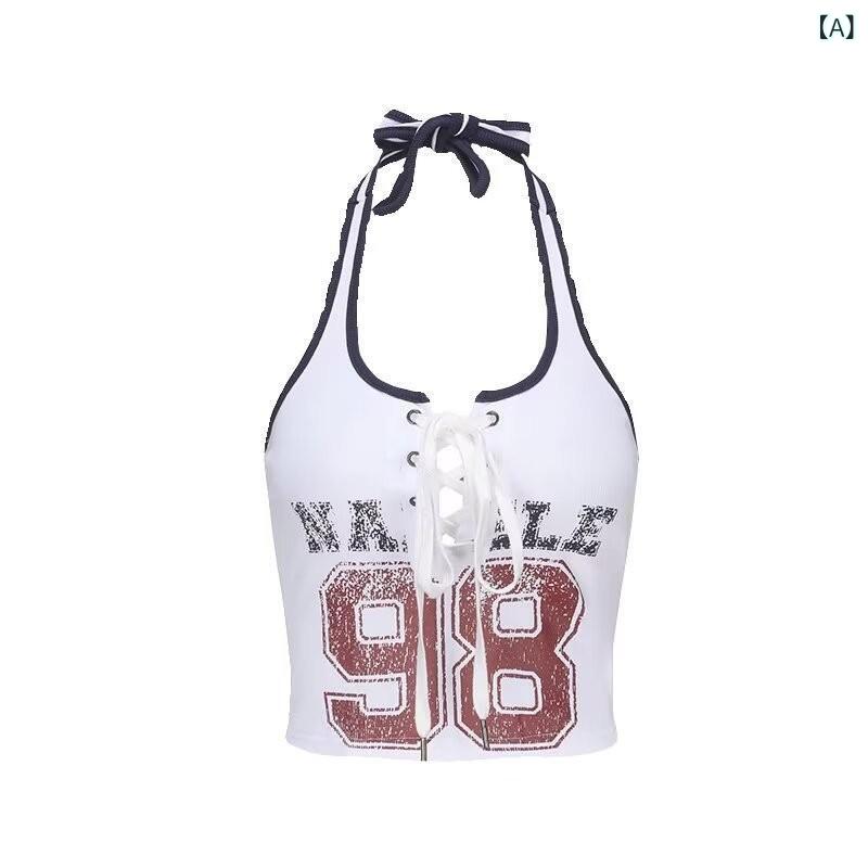 タンクトップ レディース 女性用 アメリカンレトロ アメトカジ アルファベットロゴ ギャル ショート丈 クロップド丈 スリムフィット 体型カバー ストラップ ホルターネック 普段使い カジュアル 夏 インナー ポリエステル 微ストレッチ ホワイト(4)