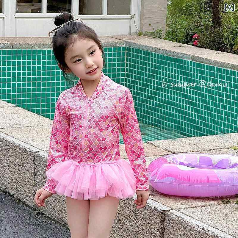 水着 キッズ 女の子 ベビー 人魚姫 ワンピース 長袖 チュールスカート UVカット 日焼け防止 キャラクター柄 リゾート プール 海水浴 スイムウェア 高伸縮性 かわいい おしゃれ ポリエステル 夏物
