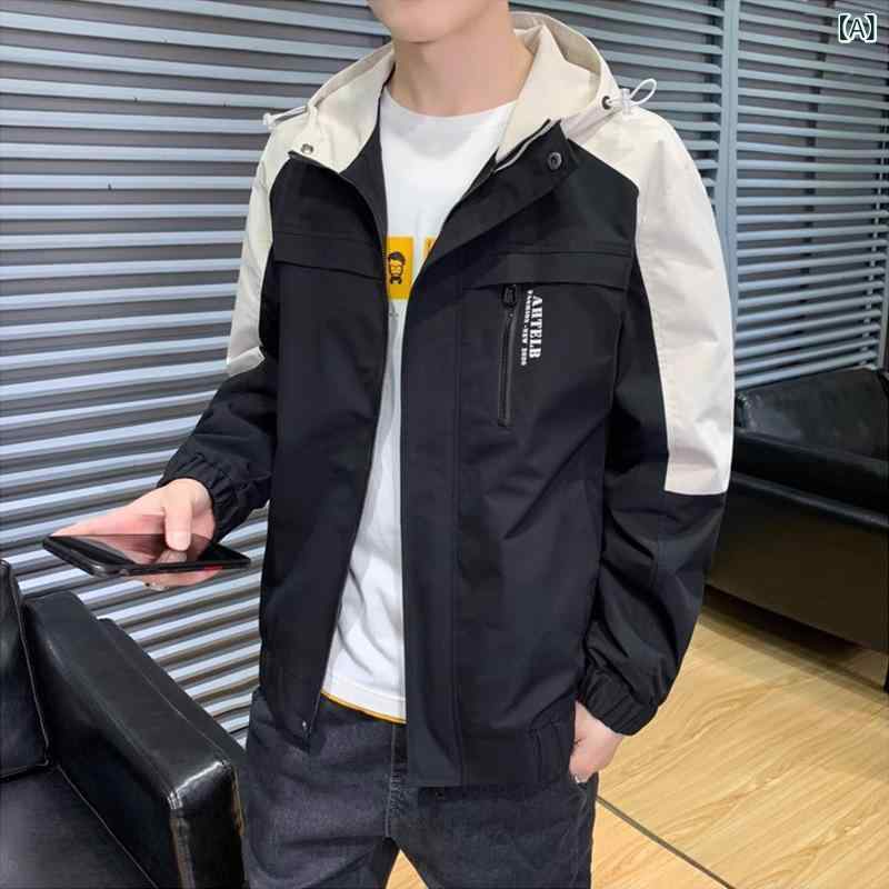 Rakuten - ジャケット メンズ スタンドカラー フード付き ダブルレイヤー ウインドブレーカー ワークジャケット ブルゾン ルーズシルエット ビッグシルエット 切り替え ポリエステル コーデュロイ 耐摩耗性 薄手 春秋 おしゃれ カジュアル 着回し アウター